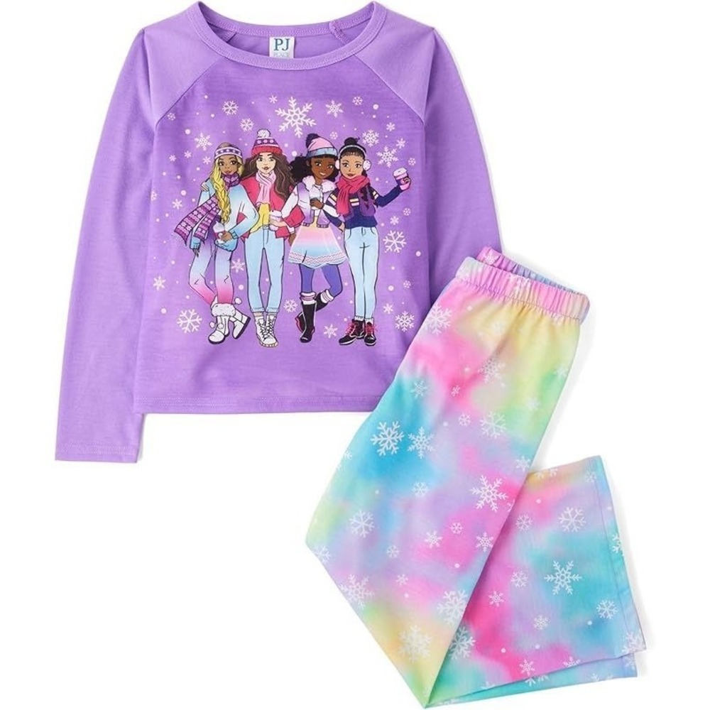 The Children's Place Girl's 2-pc Long Sleeve PJ Set - Snow Girls Rainbow - XL 14